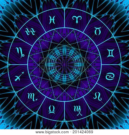 Magic circle with zodiacs sign on abstract mystic background.