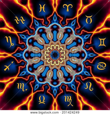 Magic circle with zodiacs sign on abstract mystic background.