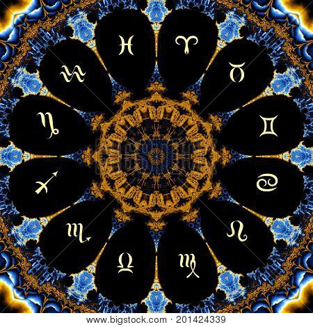 Magic circle with zodiacs sign on abstract mystic background.
