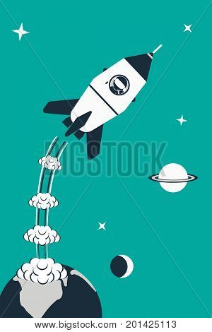 Rocket launch illustration. Rocket with astronaut start from earth. Flat design concept