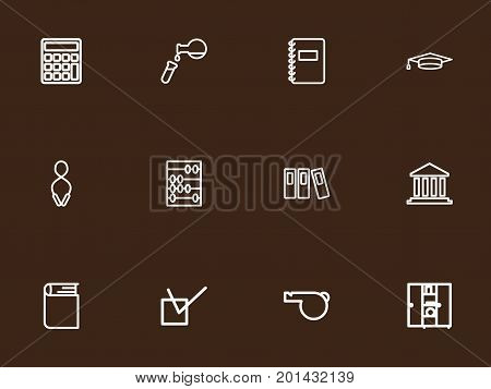 Set Of 12 Editable Teach Outline Icons. Includes Symbols Such As Academic Hat, Classbook, Building And More