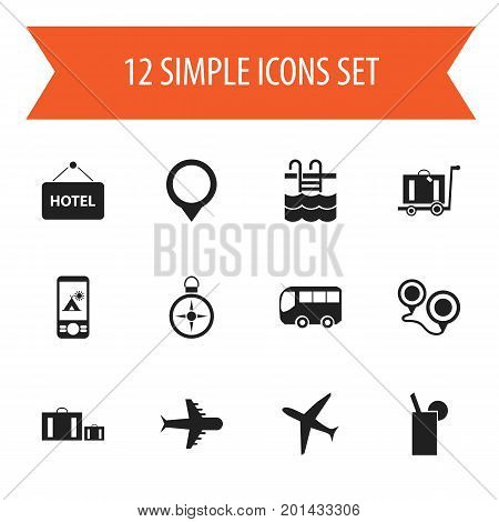 Set Of 12 Editable Trip Icons. Includes Symbols Such As Tent In Phone, Lemonade, Basin And More