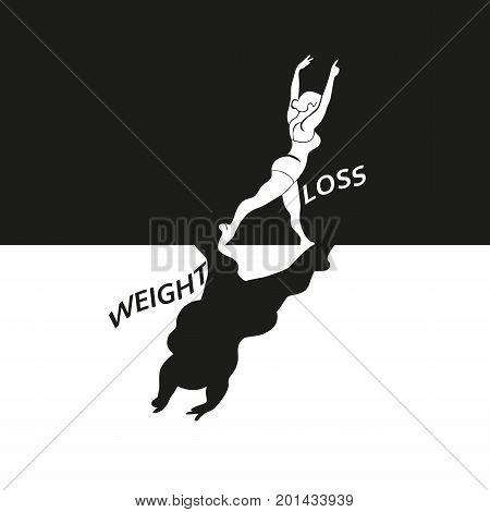 Weight loss icon. Woman Body challenge concept. Freehand drawn flat monochrome style. Vector losing fat female. Active lifestyle emblem. Fitness logo element. Sport training banner background