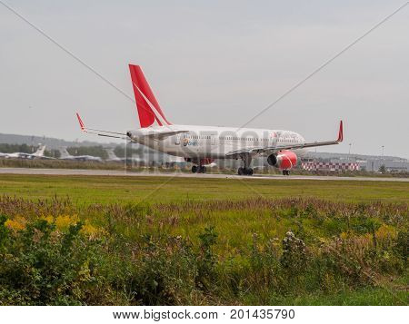 Nizhny Novgorod, Russia - August 23, 2017: Boing 757 airliner is taking-off on the runway of the airport Strigino.
