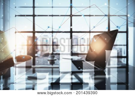 Creative workplace with laptop computer coffee cup abstract digital business chart bars and city view with sunlight. Finance concept. Double exposure