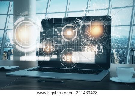 Close up of laptop computer with business hologram and coffee cup placed on wooden desktop in office interior with city view and daylight. Finance concept. Double exposure