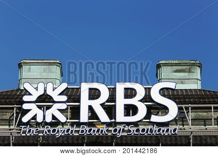 Stockholm Sweden - June 5 2014: Sign on roof for the Royal bank of Scotland at Nybroplan.