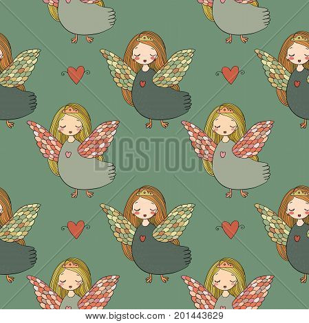Pattern with girl Sirin. Mythological bird. Russian folklore. Vector illustration