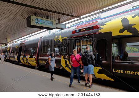 Copenhagen Denmark - August 24 2017: A Copenhagen area public transport S-train has stopped at the Vesterport railroad station.