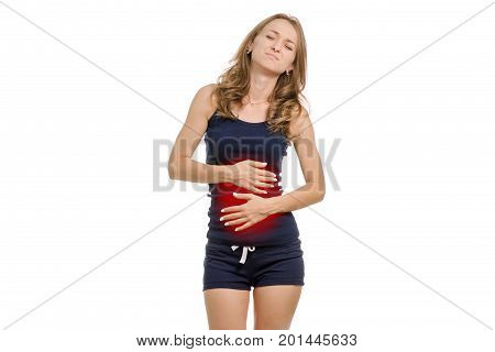 Young woman with abdominal pain isolated on white background isolation