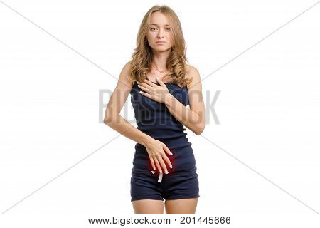 Young woman with pain in abdomen, menstruation on white background, isolation