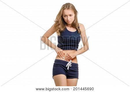 Young woman with abdominal pain isolated on white background isolation
