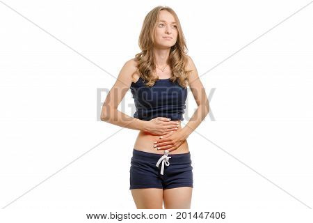 Young woman with abdominal pain isolated on white background isolation