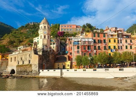 Santa Margherita di Antiochia Church in Vernazza harbour in Five lands, Cinque Terre National Park, Liguria, Italy.