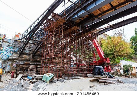 Odessa, Ukraine - October 11, 2016: Bridge Repair. Metallicheskie Support Of The Bridge. Carried Out