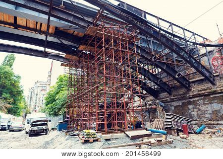 Odessa, Ukraine - October 11, 2016: Bridge Repair. Metallicheskie Support Of The Bridge. Carried Out