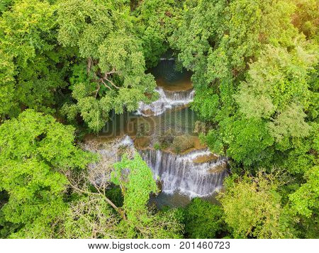 waterfall photography shot from drone on top view huay mae khamin waterfall in kanchanaburi province thailand