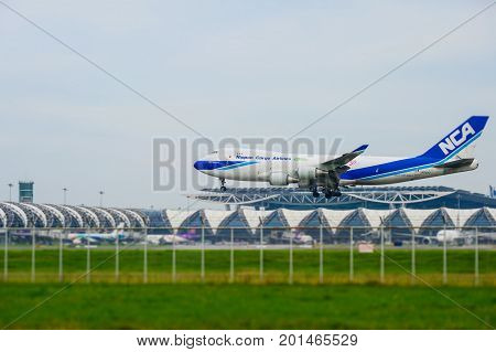 Bangkok Thailand - July 30 2017: Nippon Cargo Airlines Plane landing to runways at suvarnabhumi international airport in Bangkok Thailand. This airport is one of the most populated airports in the world.