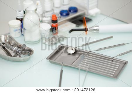 Dental tools on the table at dental office