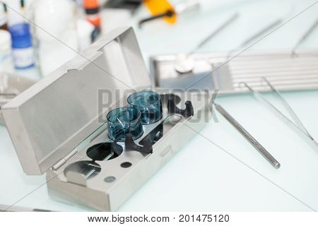 Dental tools on the table at dental office