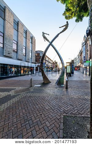 Northampton, UK - Aug 10, 2017: Clear Sky morning view of DNA Memorial at Abington Street in Northampton Town Centre.