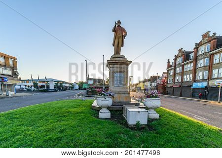 Northampton, UK - Aug 10, 2017: Clear Sky morning view of Charles Branlaugh Monument on Abinton Street Northampton Town Centre.