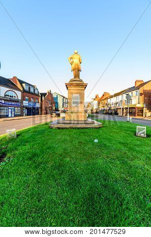 Northampton, UK - Aug 10, 2017: Clear Sky morning view of Charles Branlaugh Monument on Abinton Street Northampton Town Centre.