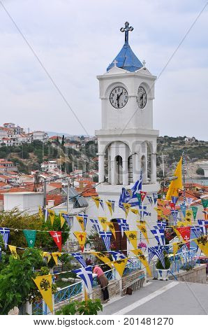 Church tower of Pythagorio on greek island Samos