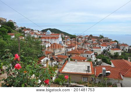 View over houses of Kokkari village on greek island Samos