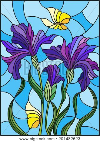 Illustration in stained glass style with a bouquet of purple irises and yellow butterflies on a blue background