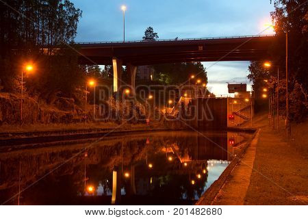 SAIMAA CANAL, FINLAND - JUNE 18, 2017: Still June night at a gateway