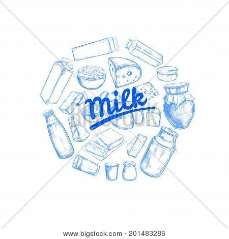 Dairy products vector collection. Cow milk products cheese butter sour cream curd yogurt. Farm foods. Cow Hand drawn illustration Isolated objects on white