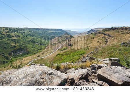 Gamla nature reserve located in the Golan Heights in Israel. View of the archaeological sites and sea of Galilee