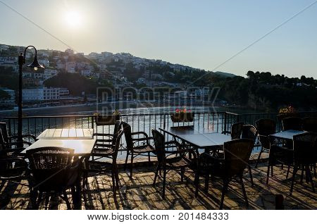 Cafe with beautiful sea view serving the local cuisine. Cozy bar restaurant at the old town of Ulcinj, Montenegro.
