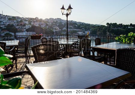 Cafe with beautiful sea view serving the local cuisine. Cozy bar restaurant at the old town of Ulcinj, Montenegro.