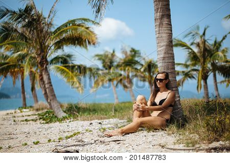 Pretty young woman in bikini and sunglasses is relax on a tropical beach under palm tree