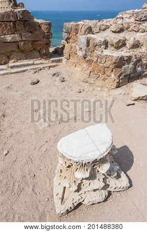 Ruins of the crusader fortress of the city Arsour in Israel. Capital of the ancient column in the Israeli Apollonia national park.