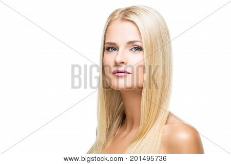 beautiful young woman with blond straing hair and makeup. closeup beauty shot. isolated in white abckground. copy space.