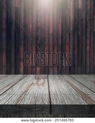 3D render of a wooden table looking out to a defocussed wood wall