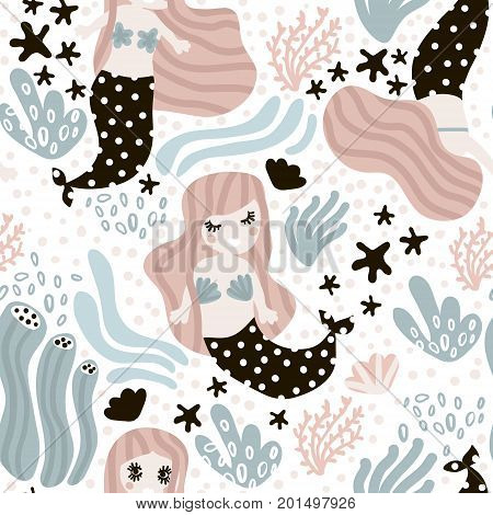 Seamless childish pattern with cute mermaids. Undersea vector trendy texture.Perfect for fabric textile wrapping