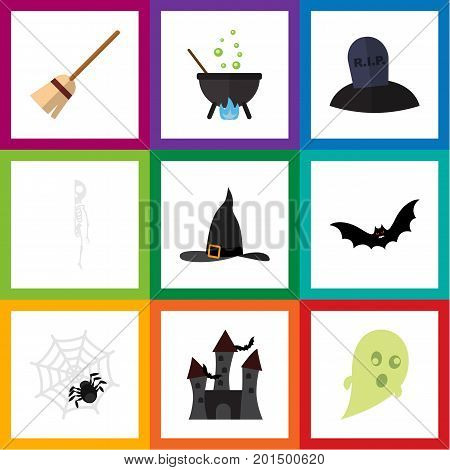 Flat Icon Festival Set Of Witch Cap, Spinner, Broom And Other Vector Objects