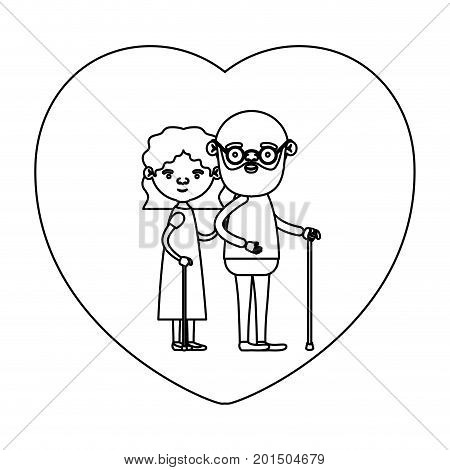 sketch silhouette of heart shape greeting card with caricature full body elderly couple embraced bearded grandfather in walking stick and grandmother with wavy hair vector illustration