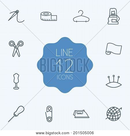 Collection Of Tailor, Awl, Safety Pin And Other Elements.  Set Of 12 Stitch Outline Icons Set.