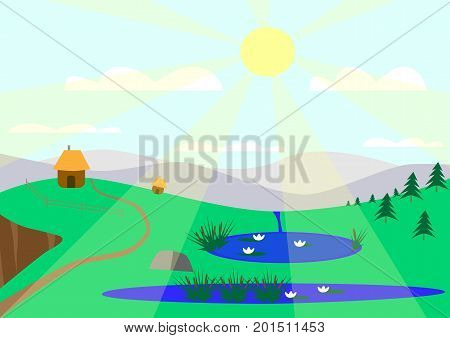 Sunny landscape with lakes drawing against the background of mountains