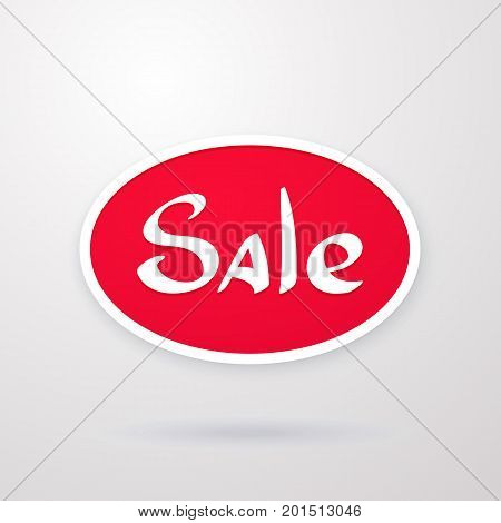 Vector illustration. Oval red tag of special offer sale. Discount price label. Sale promo marketing and symbol of advertising campaign in retail for shopping days. Sticker isolated on white background