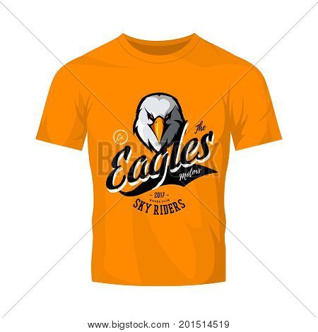 Vintage furious eagle bikers gang club vector logo concept isolated on orange t-shirt mockup.
Street wear mascot badge design. Premium quality wild bird emblem t-shirt tee print illustration.