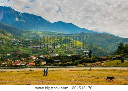 Mount Kinabalu View, Villages At The Foothill Of The Mountain. Sabah, Borneo, Malaysia