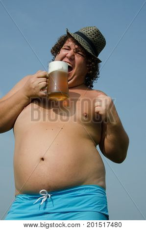 Party. Drunk man with a beer. Funny fat guy.