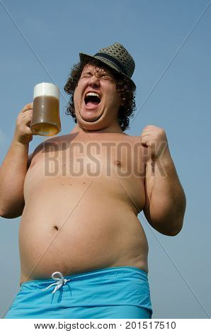 Party. Drunk man with a beer. Funny fat guy.