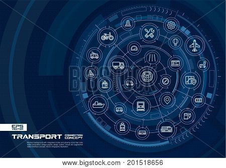 Abstract transportation background. Digital connect system with integrated circles, glowing thin line icons. Virtual, augmented reality interface concept. Vector future infographic illustration